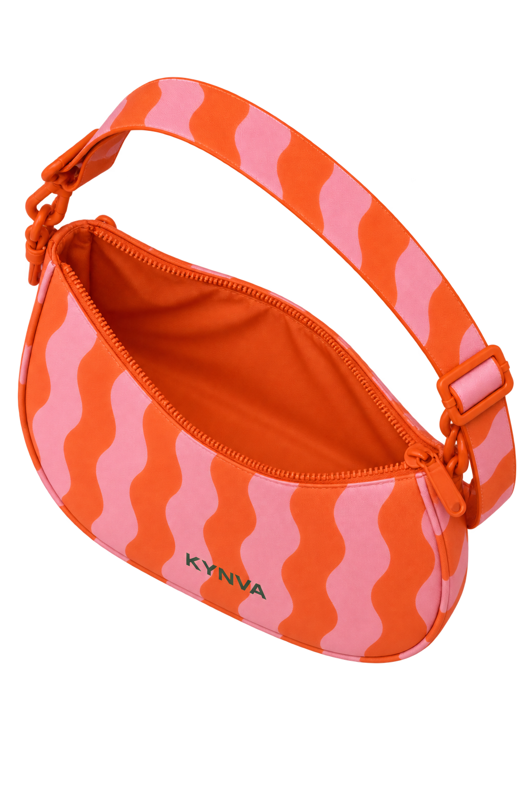 Orange and pink KYNVA crossbody bag with zip open showing interior