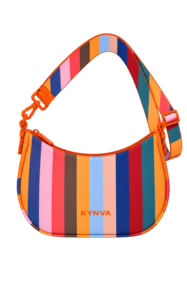 KYNVA rainbow stripe waterproof crossbody bag with adjustable strap, front view