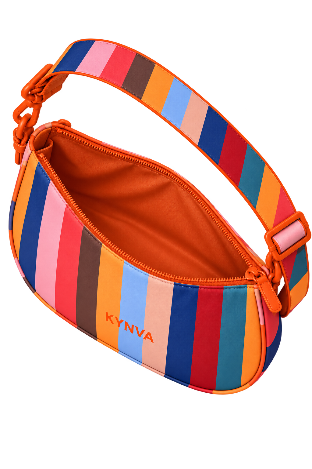 KYNVA rainbow stripe waterproof crossbody bag open to show the spacious interior and zip closure