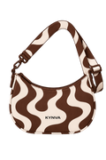 KYNVA Roam waterproof crossbody bag in brown and cream wave print, front view