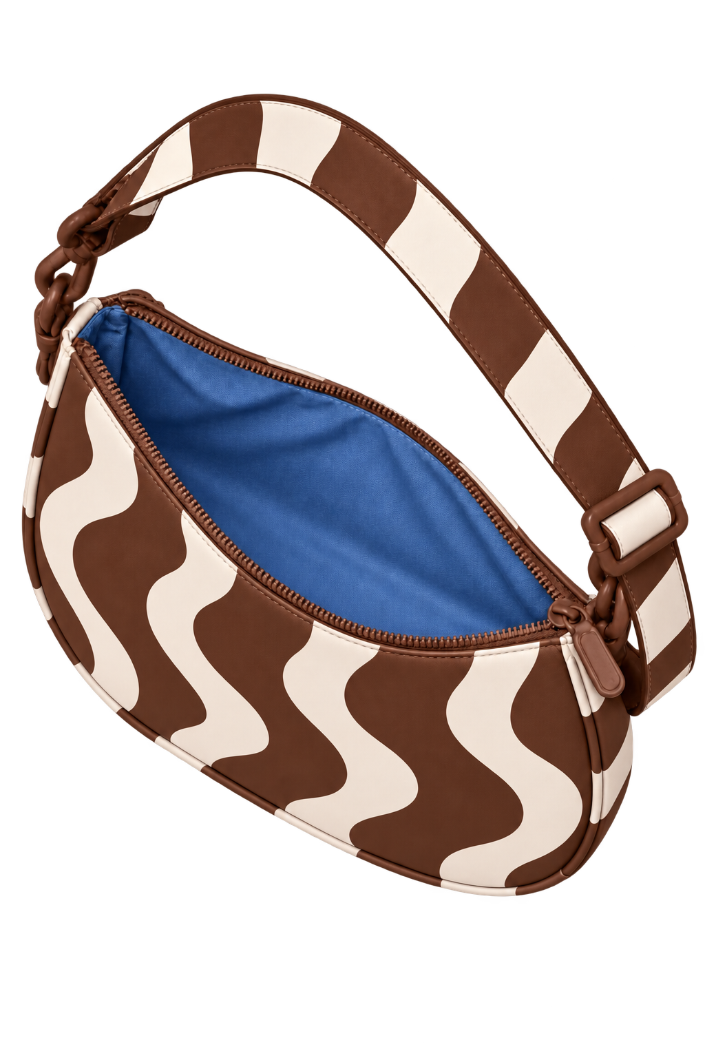 KYNVA Roam brown and cream waterproof crossbody bag open to show the blue interior and zip closure