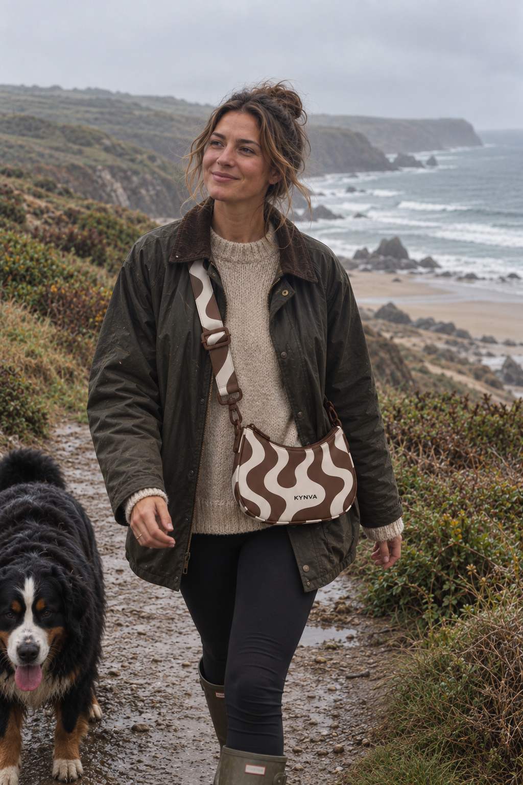KYNVA brown and cream waterproof crossbody bag worn on a misty coastal dog walk in Cornwall