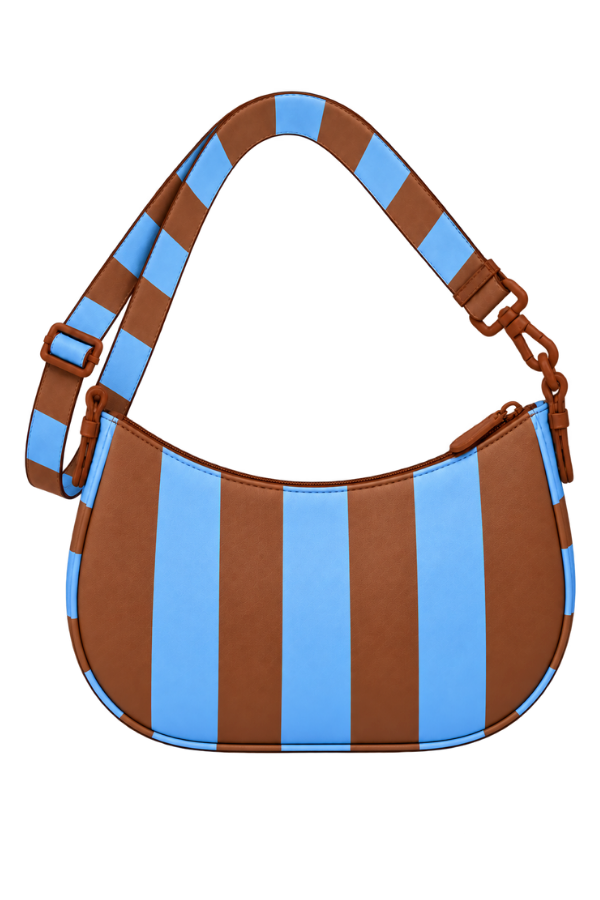 KYNVA waterproof crescent crossbody bag in brown and blue stripe, back view