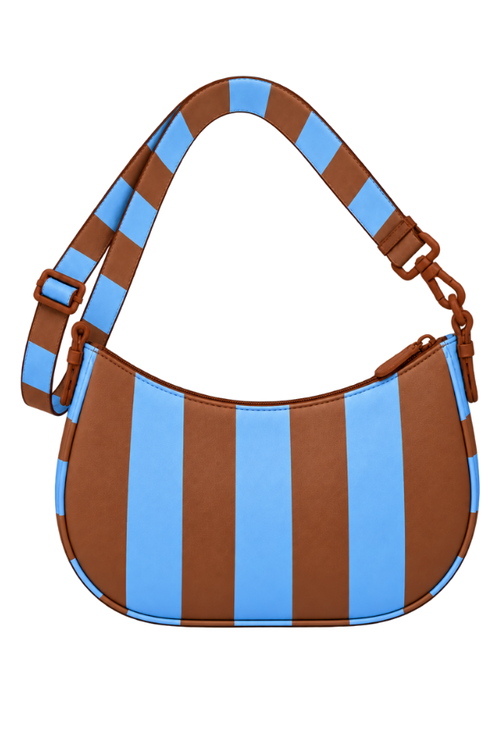 KYNVA waterproof crescent crossbody bag in brown and blue stripe, back view