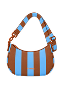 KYNVA waterproof crescent crossbody bag in brown and blue stripe, front view