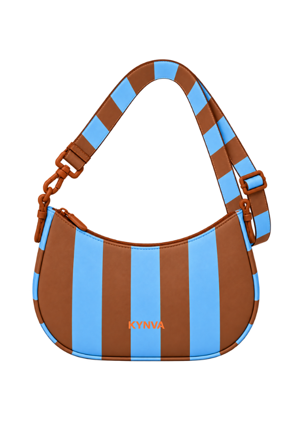 KYNVA waterproof crescent crossbody bag in brown and blue stripe, front view